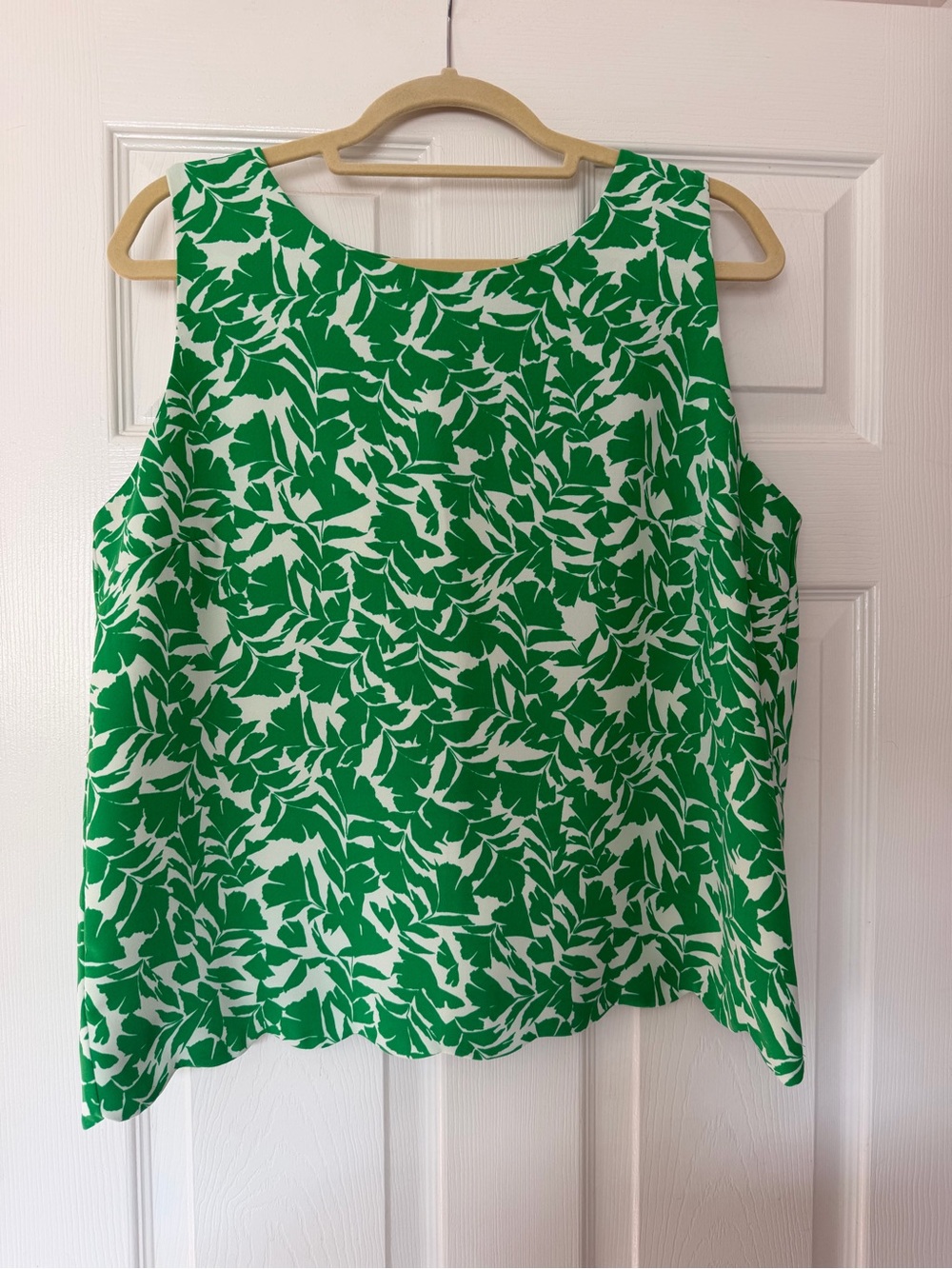 J. Crew White & Green Leaf-Print Sleeveless Shell
